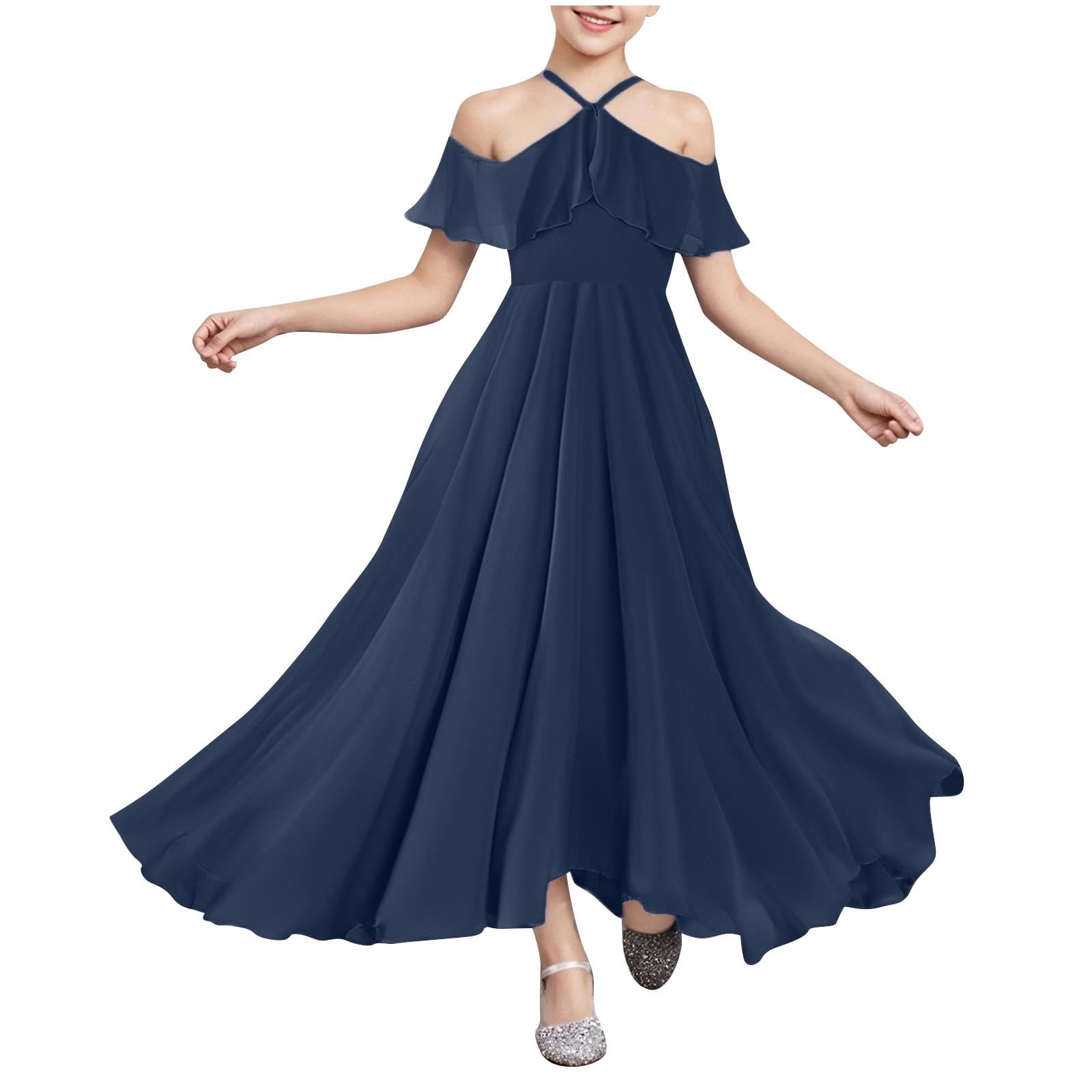 bridesmaid dresses for young adults Zacpncv Junior Girls Bridesmaid Halter Bridesmaid Dresses for Teens Split Satin Flower Girl Formal Gown for Wedding Navy 12-13 Years, Girl's, Blue