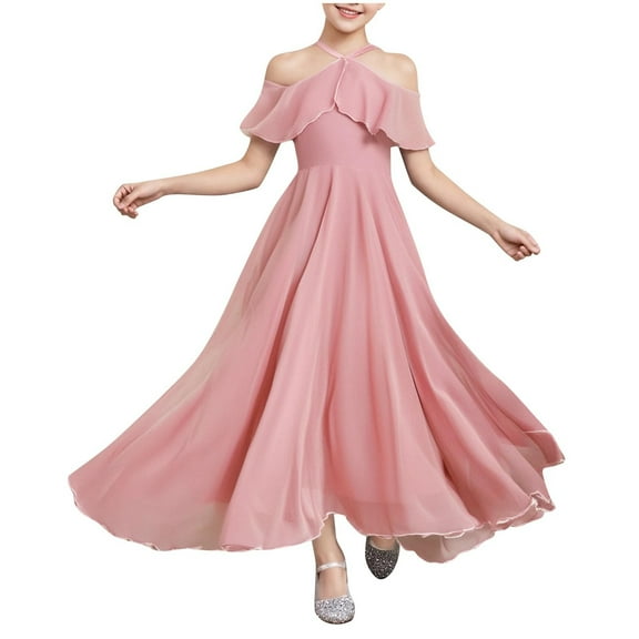 ZACPNCV Junior Girls Bridesmaid Halter Bridesmaid Dresses for Teens Split Satin Flower Girl Formal Gown for Wedding Pink 12-13 Years