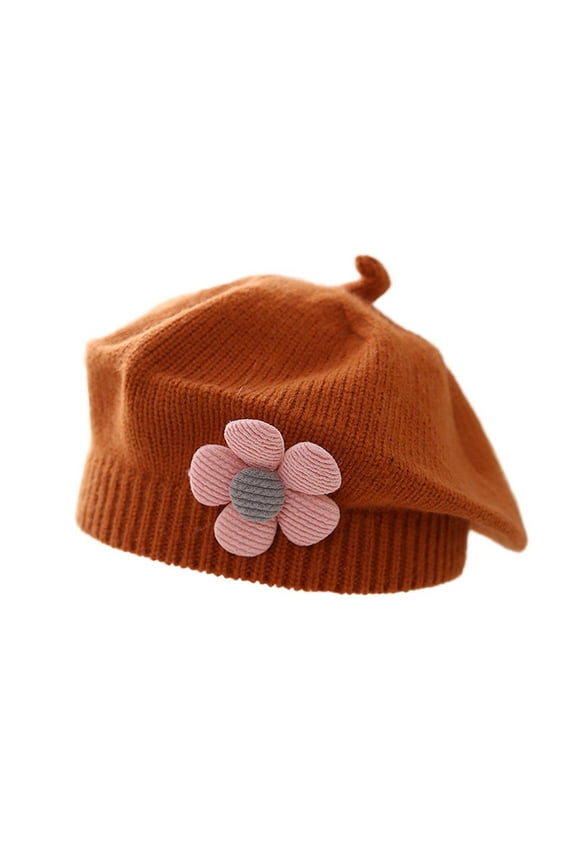 Kids Beret Hat Toddler Winter Knitted Beanie Cap with Cute Flower Little Girls French Hat Brown Free Size