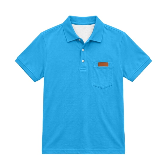 ZACPNCV Kids Boys Girls Lapel Collar Shirt Classic Short Sleeve Cotton Collared T-Shirt with Contrast Pocket Soft Breathable Cotton Blend Casual School Tee Sky Blue
