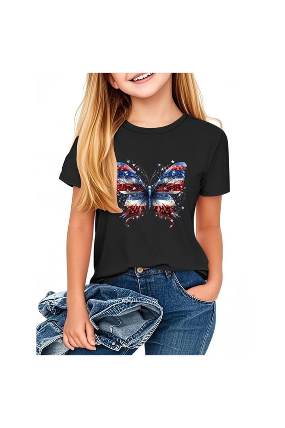 Kids Boys Girls USA Letter Print Tees Short Sleeve Crewneck Holiday Tops Patriotic Graphic Shirts Loose Independence Day Clothes Black 12-13 Years