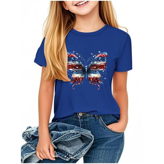 ZACPNCV Kids Boys Girls USA Letter Print Tees Short Sleeve Crewneck Holiday Tops Patriotic Graphic Shirts Loose Independence Day Clothes Blue 9-10 Years
