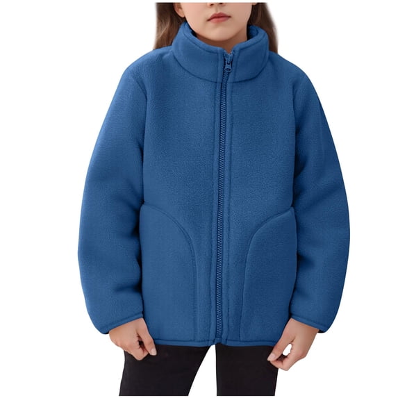 ZACPNCV Kids Fall Winter Coat Zip Up Fleece Jacket with Pockets Warm Plush Outwear Boys Girls Stand-Up Collar Cute Tops Blue 1-2 Years