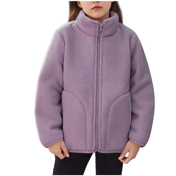 ZACPNCV Kids Fall Winter Coat Zip Up Fleece Jacket with Pockets Warm Plush Outwear Boys Girls Stand-Up Collar Cute Tops Purple 14-15 Years