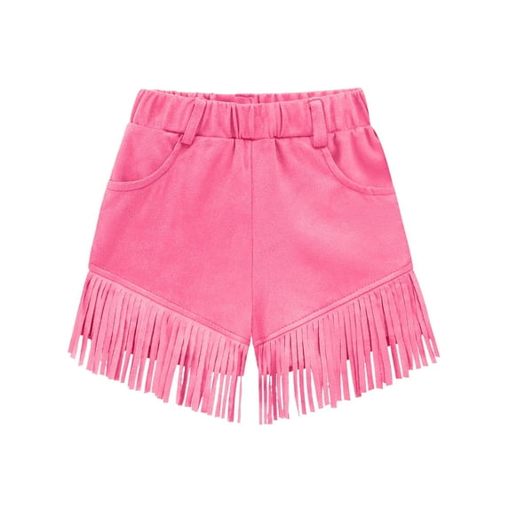 ZACPNCV Kids Faux Fux Suede Fringe Shorts Tassel Cowgirl Outfits with Pockets Hot Pink 5-6 Years
