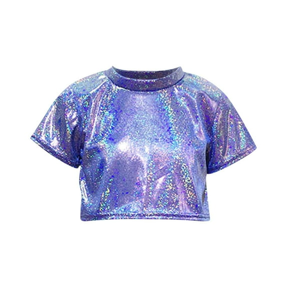 ZACPNCV Kids Girls Boys Shiny Sequins T-Shirts Short Sleeve Dance Crop Tops Hip Hop Dancewear Blue 4-5 Years