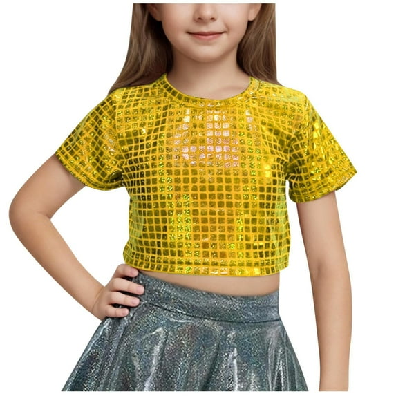 ZACPNCV Kids Girls Boys Shiny Sequins T-Shirts Short Sleeve Dance Crop Tops Hip Hop Dancewear Gold 4-5 Years