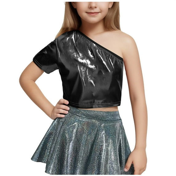 ZACPNCV Kids Girls One Shoulder Short Sleeve Dance Crop Top Shiny Sparkly Hip Hop Streetwear Cropped T-Shirts Dancewear Black 8-9 Years