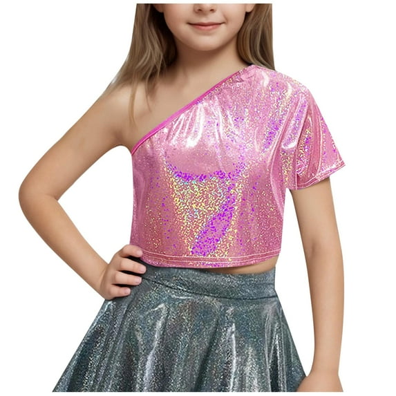 ZACPNCV Kids Girls One Shoulder Short Sleeve Dance Crop Top Shiny Sparkly Hip Hop Streetwear Cropped T-Shirts Dancewear Hot Pink 15-16 Years
