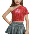 thumbnail image 1 of ZACPNCV Kids Girls One Shoulder Short Sleeve Dance Crop Top Shiny Sparkly Hip Hop Streetwear Cropped T-Shirts Dancewear Red 9-10 Years, 1 of 5
