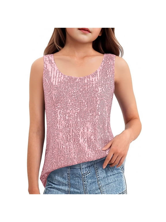 Kids Girls Sequin Sleeveless Shirt Crew Neck Sparkly Glitter Slim Fit Party Cami Stretchy Dance Performance Birthday Casual Summer Tank Top Pink