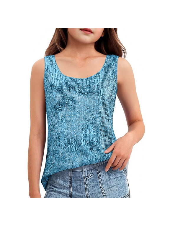 Kids Girls Sequin Sleeveless Shirt Crew Neck Sparkly Glitter Slim Fit Party Cami Stretchy Dance Performance Birthday Casual Summer Tank Top Sky Blue
