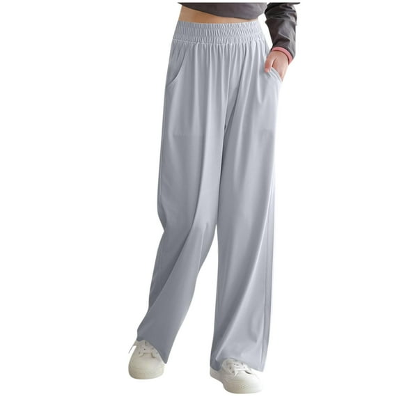 ZACPNCV Kids Girls Solid Wide Leg Pants Flowy Stretchy Teen Loose Pants Straight High Elastic Waist Trousers Long Pants Clothes Gray 13-14 Years