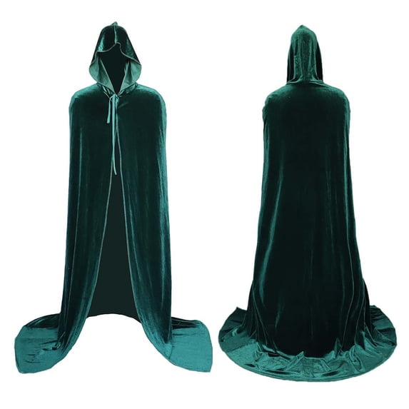 ZACPNCV Kids Hooded Long Velvet Cape Cloak Solid Color Halloween Role Play Cloak Full Length Tie‑Front Velour Robe for Girls Boys Green