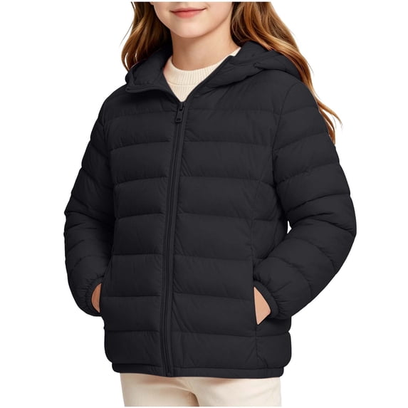 ZACPNCV Kids Lightweight Hooded Puffer Jacket Solid Color Winter Warm Quilted Coat Zip-Up Cold Weather Outerwear with Pockets for Boys Girls,A-Black