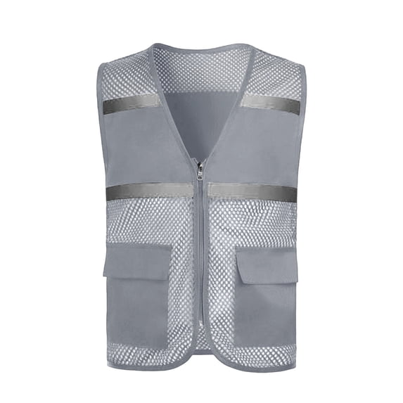 ZACPNCV Kids Mesh Reflective Vest Outdoor Safety Vest Zipper Front High Visibility Reflective Strip Volunteer Vest with Multi-Pockets B-Gray