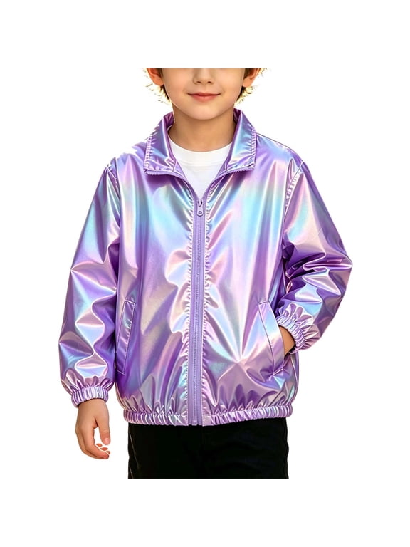Kids Metallic Shiny Jacket Zip Up Lightweight Long Sleeve Hip Hop Jacket Loose Fit Turndown Collar Party Jacket Kids Windbreaker Coat C-Purple