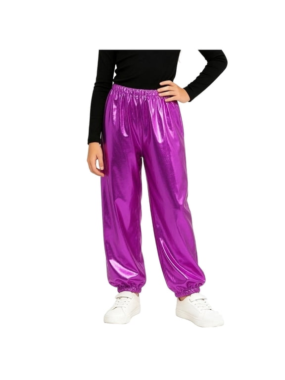 Kids Metallic Shiny Pants Boys Girls Cool Holographic Trousers with Pockets Elastic Waist Cuffed Hem Casual Streetwear Long Pants,Purple
