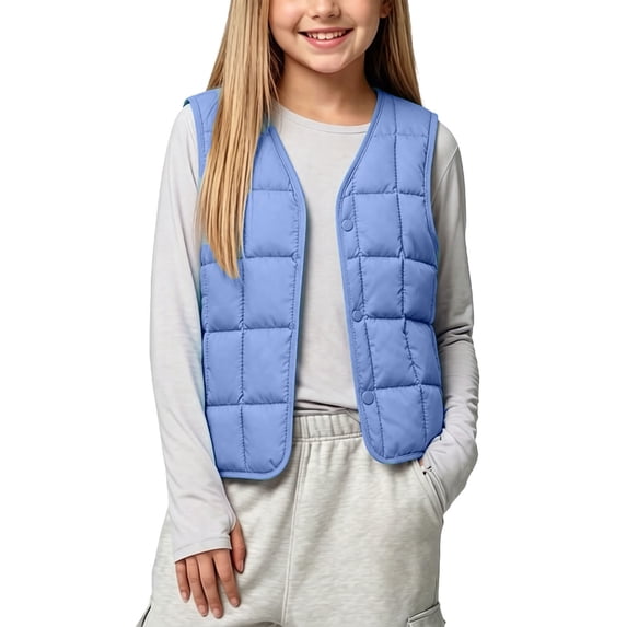 ZACPNCV Kids Puffer Vest V Neck Button Front Sleeveless Quilted Padded Jackets Boys Girls Fall Winter Lightweight Warm Waistcoat,Blue