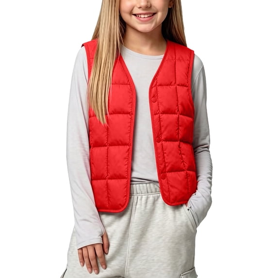 ZACPNCV Kids Puffer Vest V Neck Button Front Sleeveless Quilted Padded Jackets Boys Girls Fall Winter Lightweight Warm Waistcoat,Red