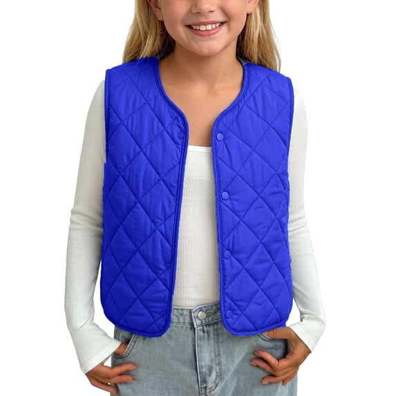 ZACPNCV Kids Quilted Padded Vest V‑Neck Button Front Sleeveless Waistcoat Faux Sherpa Fleece Lined Warm Fall Winter Outerwear with Pockets,Blue