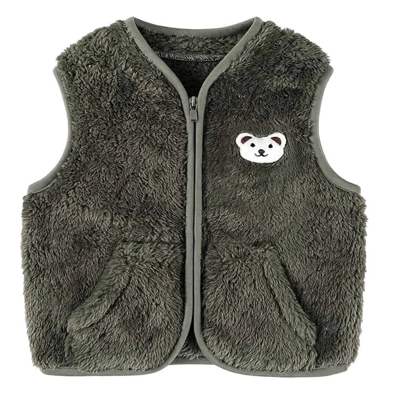 ZACPNCV Kids Sherpa Fleece Vest Boys Girls Cute Embroidery V‑Neck Full Zip Sleeveless Waistcoat with Pockets Fall Winter Warm Outerwear,Olive Green