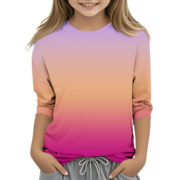 ZACPNCV Kids Three-Quarter Sleeve Shirts Gradient Crewneck Pullover Basic Tees Daily Tees Blouses Spring Summer Clothes Hot Pink 11-12 Years