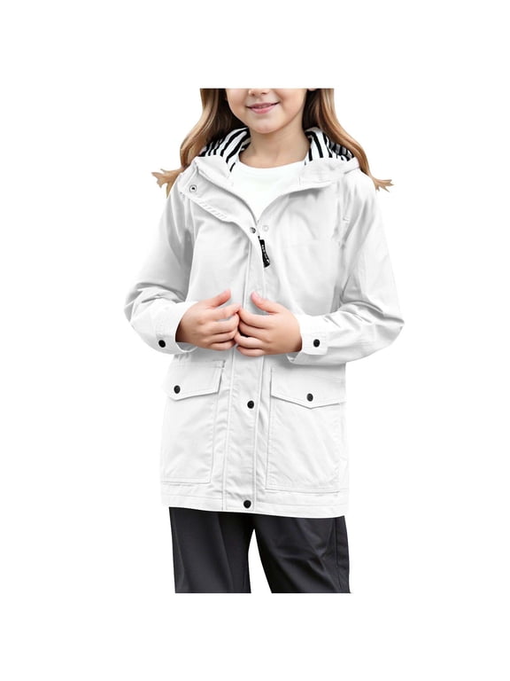 Kids Waterproof Windbreaker Jacket Girls Striped Mesh Lined Hooded Rain Coat Lightweight Outdoor Trench Coat with Flap Pockets White