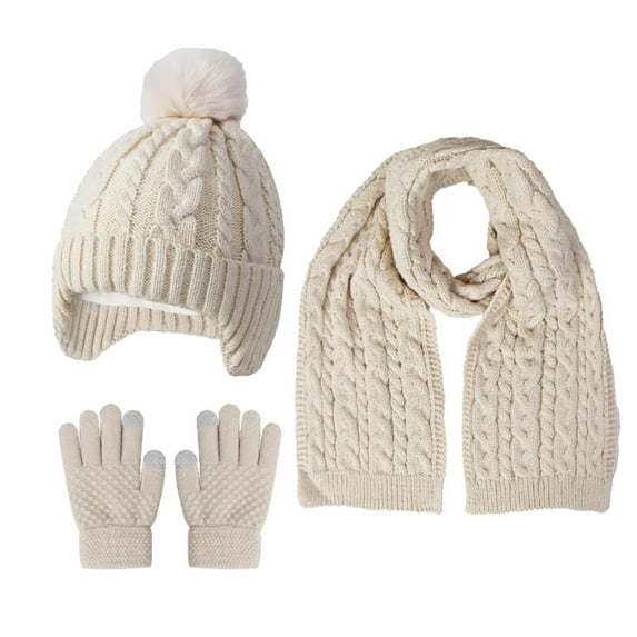 ZACPNCV Kids Winter Beanie Hat Scarf Gloves Set for Girls Boys Cute Bow Cuffed Knitted Hat Neck Scarf with Fleece Lined Beige Free Size