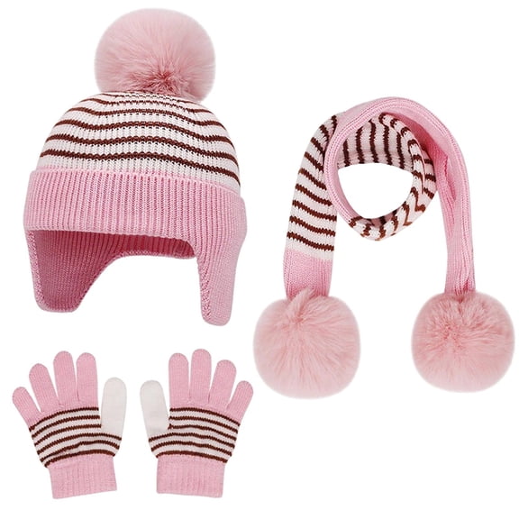 ZACPNCV Kids Winter Beanie Hat Scarf Gloves Set for Girls Boys Cute Bow Cuffed Knitted Hat Neck Scarf with Fleece Lined Pink Free Size