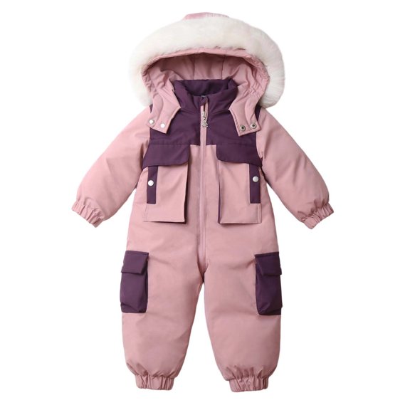 ZACPNCV Kids Winter Snowsuit One Piece Fleece Lined Jumpsuit with Faux Fur Hood, Colorblock Thickened Waterproof Windproof Warm Padded Hooded Romper A-Pink