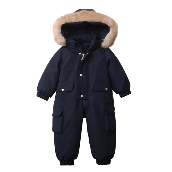 ZACPNCV Kids Winter Snowsuit One Piece Fleece Lined Jumpsuit with Faux Fur Hood, Colorblock Thickened Waterproof Windproof Warm Padded Hooded Romper B-Navy