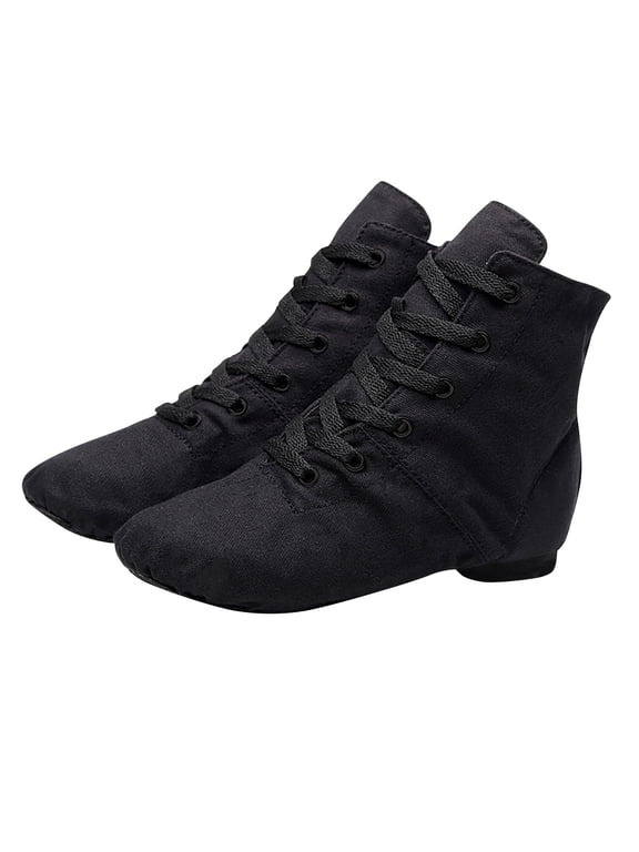 Lace-Up Jazz Shoes for Girls Ankle Canvas Dance Ballet Boots Soft Leather Split Sole Dancing Gymnastics Flats Black