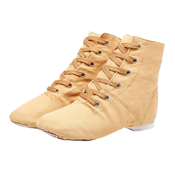 ZACPNCV Lace-Up Jazz Shoes for Girls Ankle Canvas Dance Ballet Boots Soft Leather Split Sole Dancing Gymnastics Flats Khaki