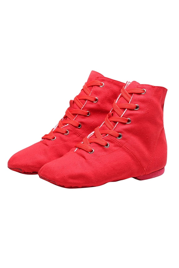Lace-Up Jazz Shoes for Girls Ankle Canvas Dance Ballet Boots Soft Leather Split Sole Dancing Gymnastics Flats Red