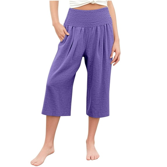 ZACPNCV Linen Capris for Girls Summer Casual Palazzo Smocked High Waist Wide Leg Capris Travel Vacation Pants with Pockets Purple 6-7 Years