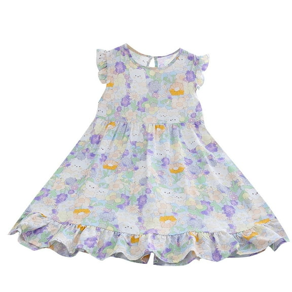 ZACPNCV Little Girl's Summer Dresses Smocked Flutter Sleeve A-Line Sundresses Swing Mini Casual Party Dresses 8-9 Years