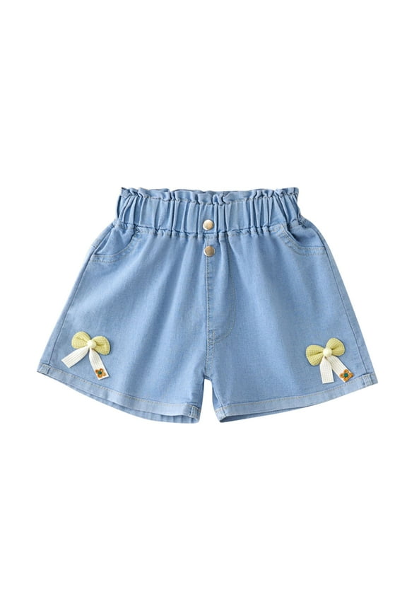 Little Girls Denim Shorts Vintage Ripped Elastic Waist Casual Summer Pull On Jeans Shorts with Bowknot Yellow 5-6 Years