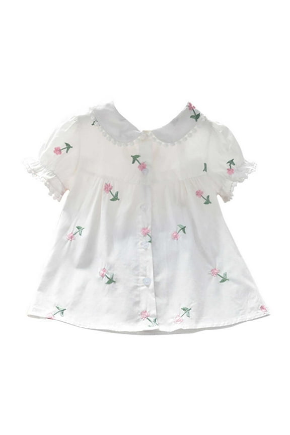 Little Girls Peter Pan Collar Shirt Classic Short Sleeve Button Down Uniform Shirts Soft Blouse Tops Pink 4-5 Years