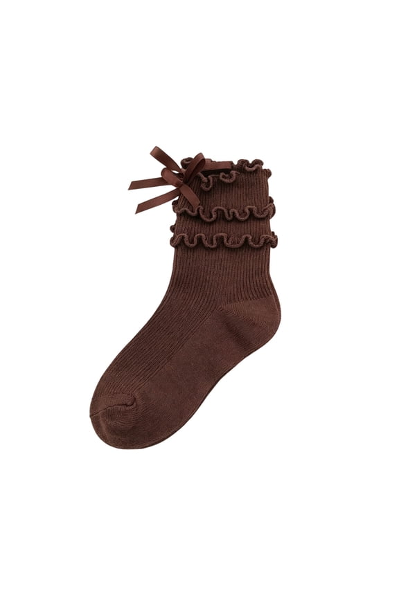 Little Girls Soft Mid Calf Socks Sweet Double Ruffle Top Satin Bow Crew Socks Cute Princess School Uniform Socks for Kids Coffee