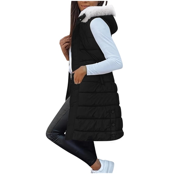 ZACPNCV Long Puffer Vest Women Winter Hooded Sleeveless Coat Warm Quilted Vest Jacket Zip Up Puffy Coat Fall Warm Outerwear