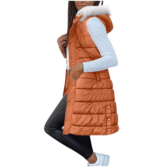 Lovskoo Long Puffer Vest Women Winter Hooded Sleeveless Coat Warm Quilted Vest Jacket Zip Up Puffy Coat Fall Warm Outerwear