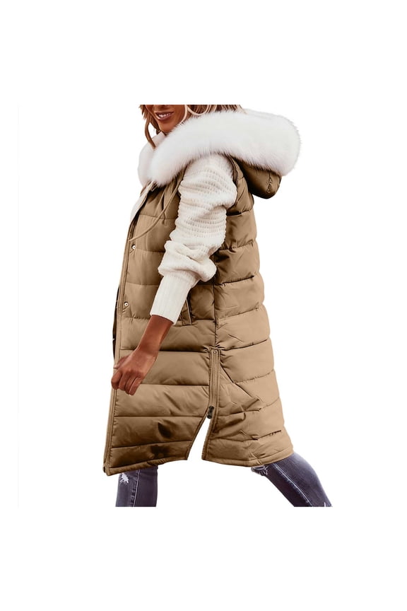 Long Puffer Vest Women Winter Hooded Sleeveless Coat Warm Quilted Vest Jacket Zip Up Puffy Coat Fall Warm Outerwear