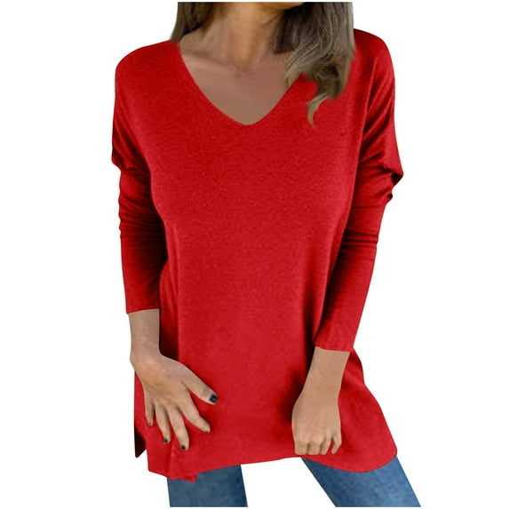 ZACPNCV Long Sleeve Shirts for Women's New Casual Solid Color Round Neck Long Sleeved Top With Irregular Hem T-shirt Red