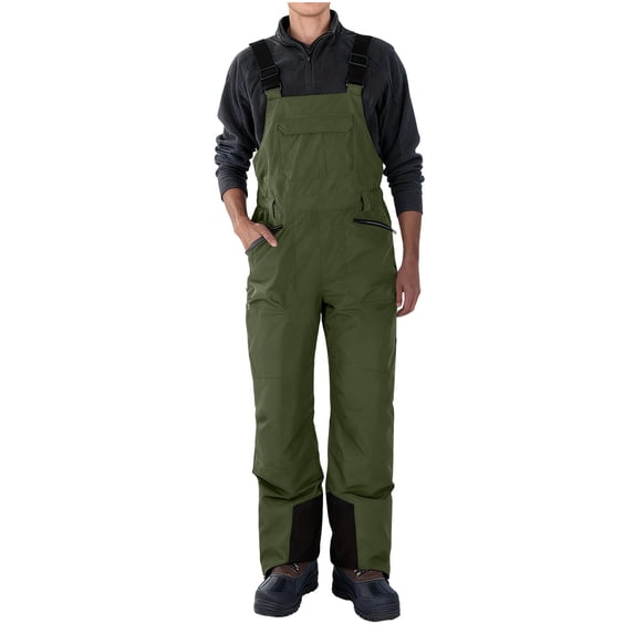 ZACPNCV Men Snow Bib Overalls Adjustable Shoulder Straps Waterproof Windproof Insulated Snow Pants Multi‑Pocket Winter Ski Bibs for Snowboarding Skiing B-Olive Green