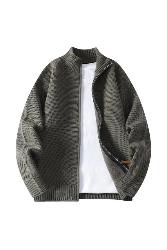 Men Wool Mock Neck CardigThick Warm Zipper Sweaters Solid Casual Business Knit Coat