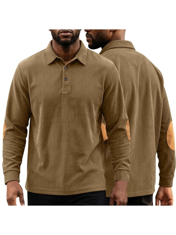 Men's Corduroy Shirt Solid Color Long Sleeve Button Placket Collared Pullover with Elbow Patch Men's Vintage Casual Top,Khaki