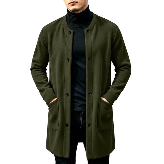 ZACPNCV Men's Long Cardigan Coat Solid Color Collarless Coat Open Front Button Down Jacket with Pockets Casual Slim Fit Winter Overcoat