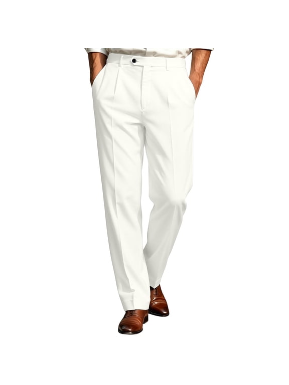 Men's Pleated Dress Pants Classic Fit Wrinkle Resistant Slacks Straight Leg Business Casual Suit Trousers Solid Color Formal Pants White