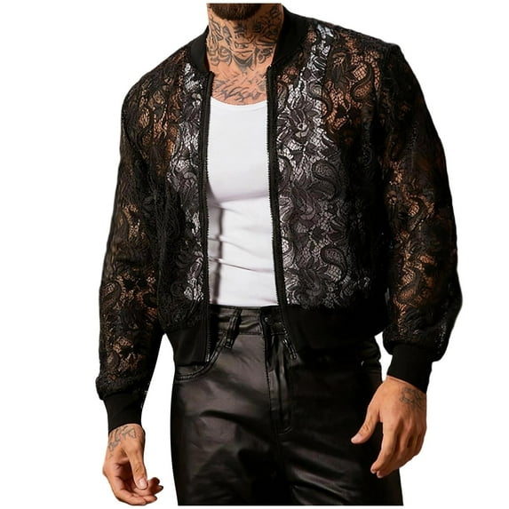 ZACPNCV Men's Sheer Floral Lace Jackets Long Sleeve Coats Zip Up Outerwear